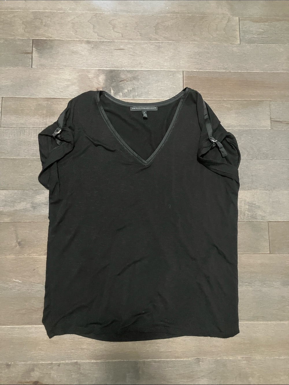 White House Black Market Black V-Neck Short Sleeve Top with Ribbon Tabs